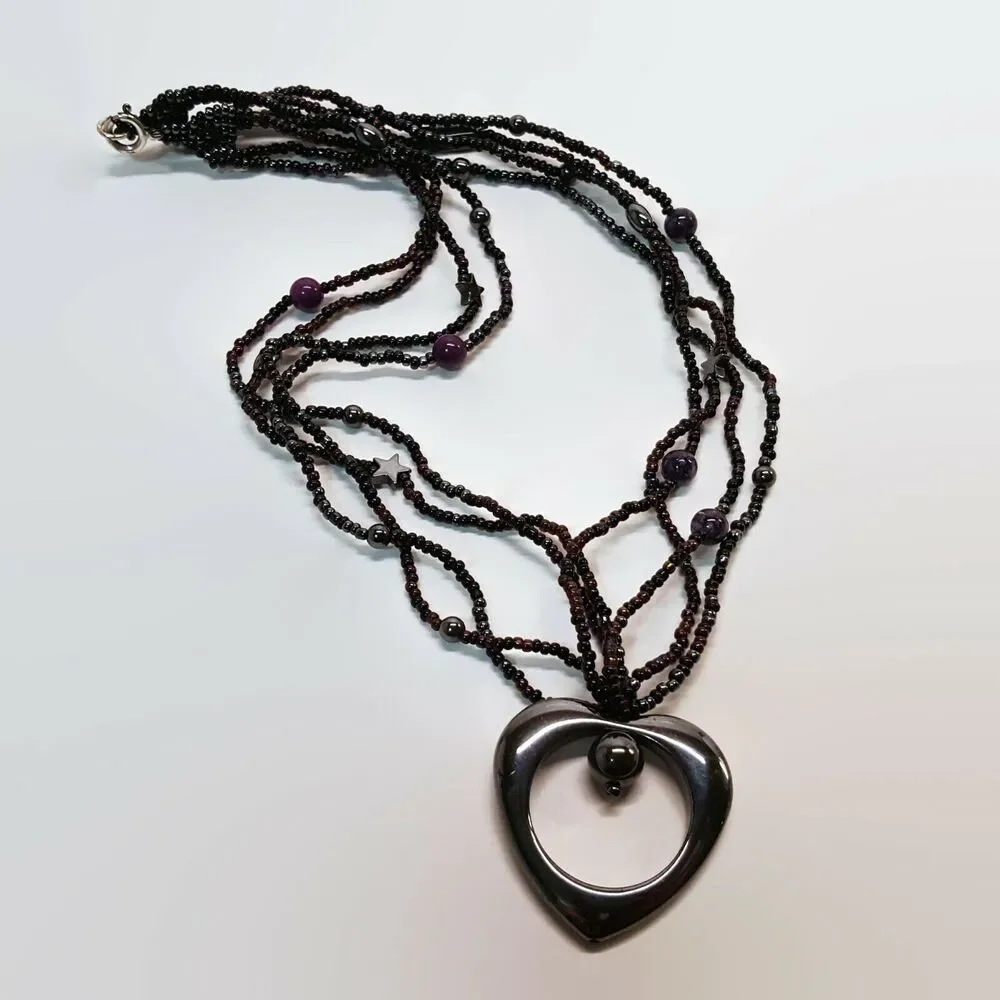 Beaded Hematite Heart Handcrafted Necklace With Sterling Silver Clasp